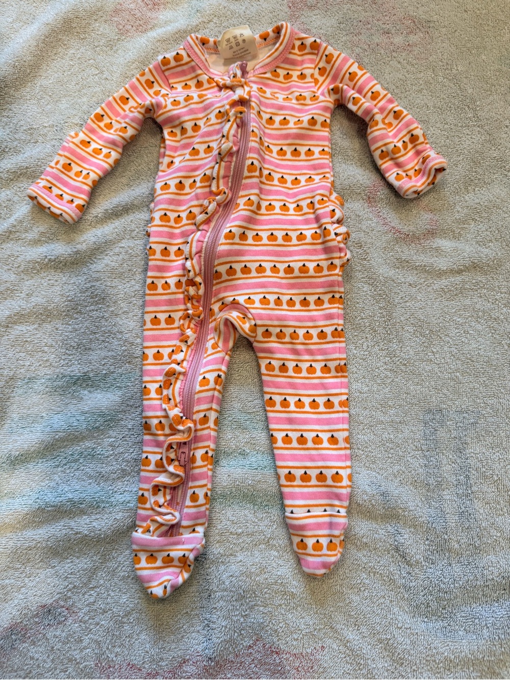 Striped Pink & Orange Pumpkin Footed One-Piece with Ruffle Zip